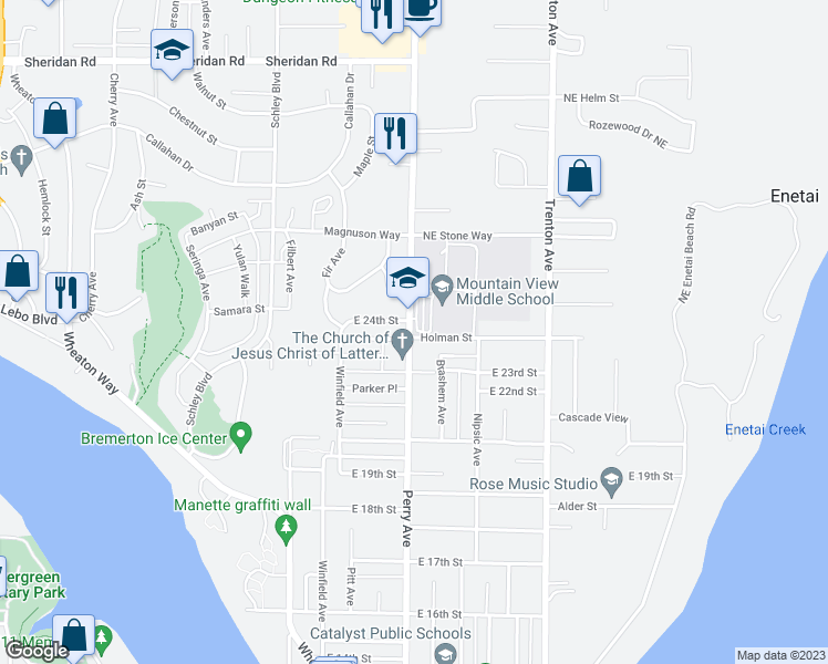 map of restaurants, bars, coffee shops, grocery stores, and more near 2400 Perry Avenue in Bremerton