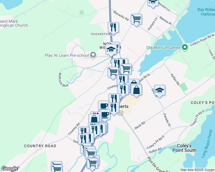 map of restaurants, bars, coffee shops, grocery stores, and more near 16 Country Road in Coley's Point South