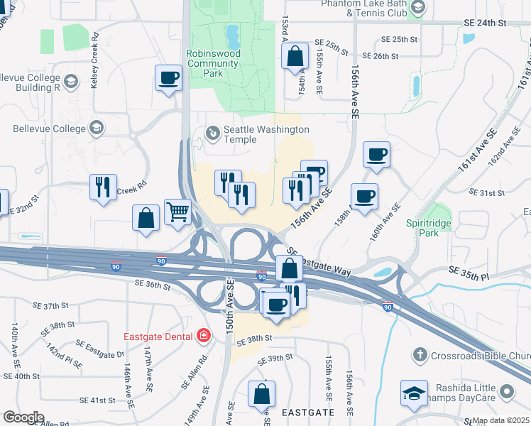 map of restaurants, bars, coffee shops, grocery stores, and more near 15150 Southeast Eastgate Way in Bellevue