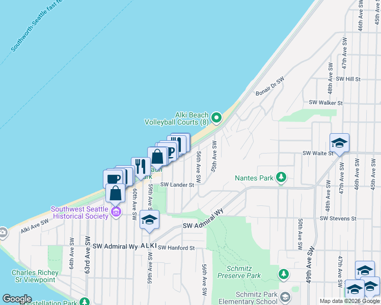 map of restaurants, bars, coffee shops, grocery stores, and more near 2456 Alki Avenue Southwest in Seattle