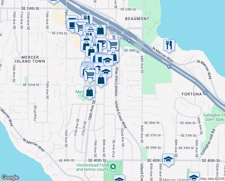 map of restaurants, bars, coffee shops, grocery stores, and more near 3208 81st Place Southeast in Mercer Island