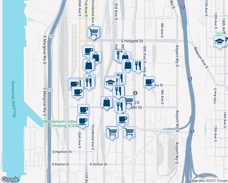 map of restaurants, bars, coffee shops, grocery stores, and more near 2445 3rd Avenue South in Seattle