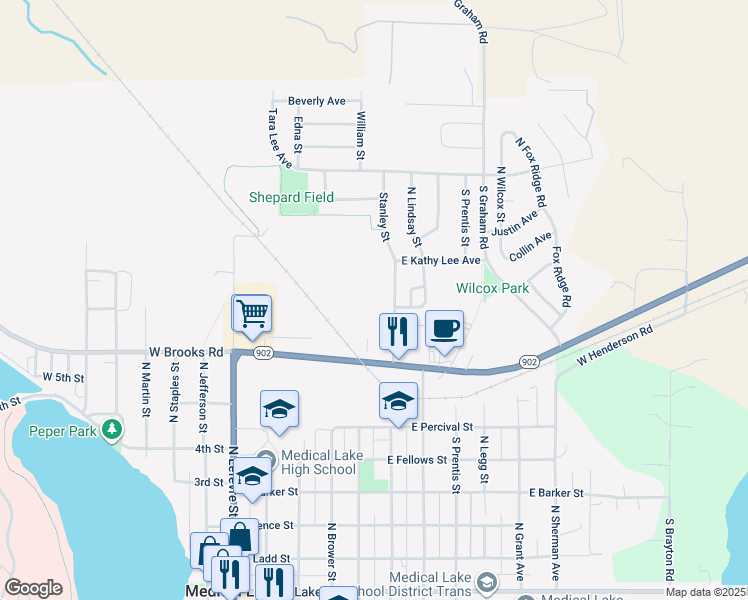 map of restaurants, bars, coffee shops, grocery stores, and more near 941 North Stanley Street in Medical Lake