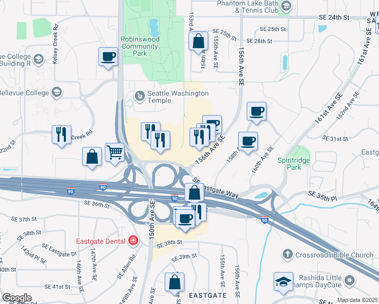 map of restaurants, bars, coffee shops, grocery stores, and more near 15150 Southeast Eastgate Way in Bellevue
