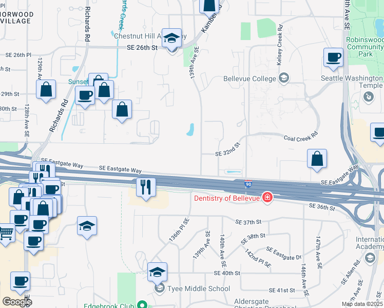 map of restaurants, bars, coffee shops, grocery stores, and more near 13920 Southeast Eastgate Way in Bellevue