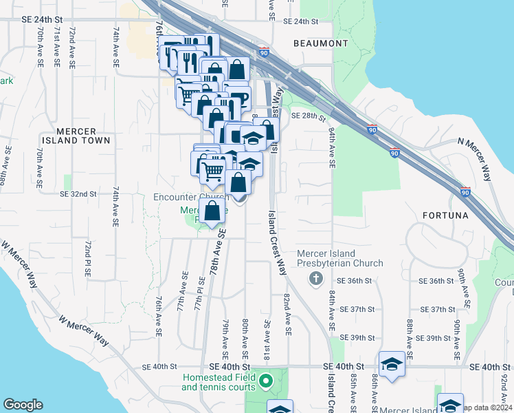 map of restaurants, bars, coffee shops, grocery stores, and more near 3212 80th Avenue Southeast in Mercer Island