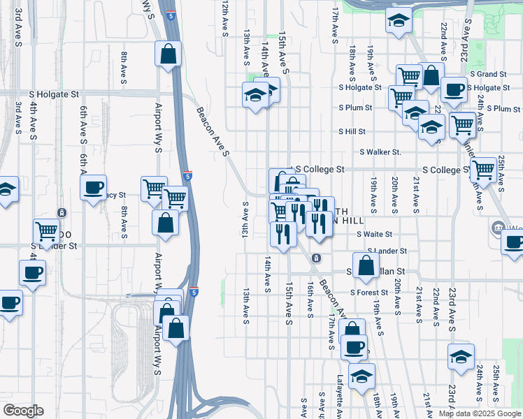 map of restaurants, bars, coffee shops, grocery stores, and more near 2415 Beacon Avenue South in Seattle