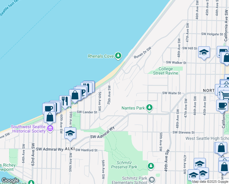 map of restaurants, bars, coffee shops, grocery stores, and more near 2438 Wickstrom Place Southwest in Seattle