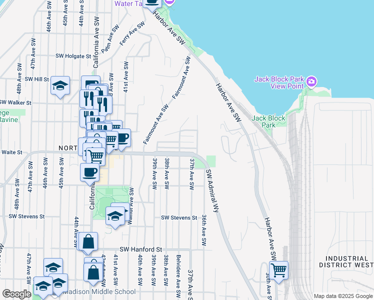 map of restaurants, bars, coffee shops, grocery stores, and more near 3729 Southwest Grayson Street in Seattle