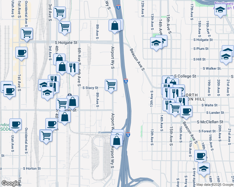 map of restaurants, bars, coffee shops, grocery stores, and more near 2418 Airport Way South in Seattle