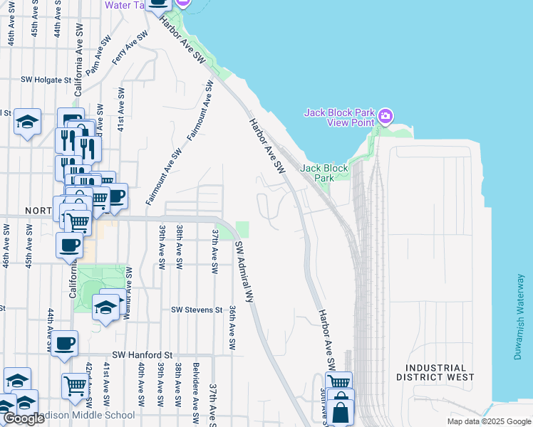 map of restaurants, bars, coffee shops, grocery stores, and more near 2349 Harbor Avenue Southwest in Seattle