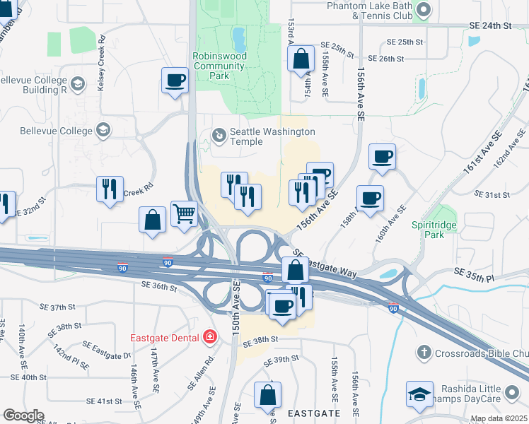 map of restaurants, bars, coffee shops, grocery stores, and more near 15000 Southeast Eastgate Way in Bellevue