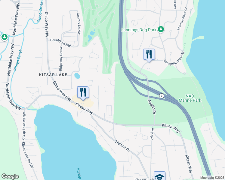 map of restaurants, bars, coffee shops, grocery stores, and more near 2193 Lakehurst Drive Northwest in Bremerton