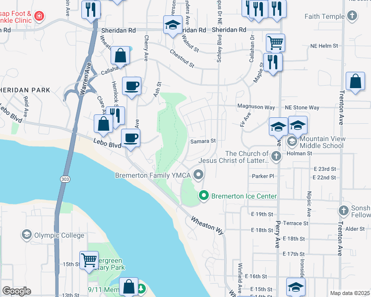 map of restaurants, bars, coffee shops, grocery stores, and more near 2323 Seringa Avenue in Bremerton