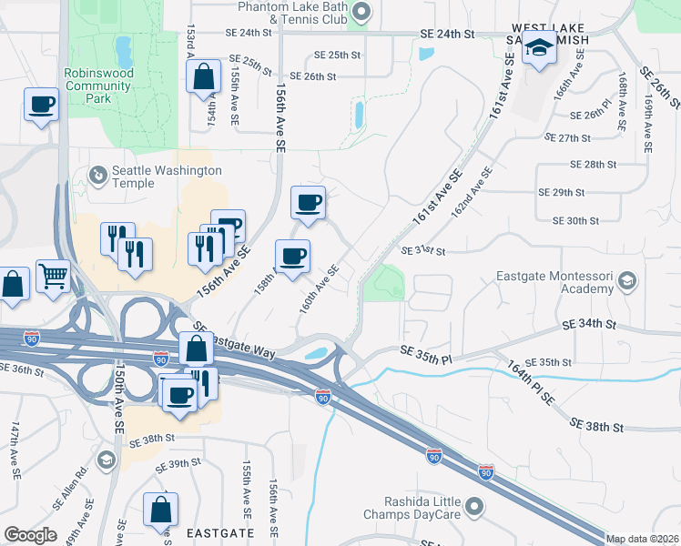 map of restaurants, bars, coffee shops, grocery stores, and more near 3190 160th Ave SE in Bellevue