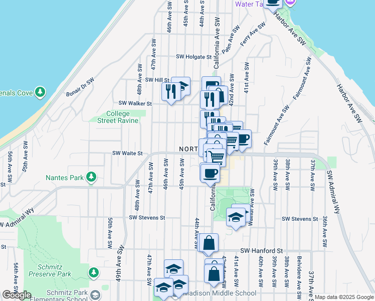 map of restaurants, bars, coffee shops, grocery stores, and more near 2355 45th Avenue Southwest in Seattle