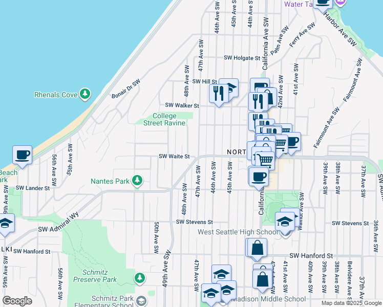 map of restaurants, bars, coffee shops, grocery stores, and more near 2362 48th Avenue Southwest in Seattle