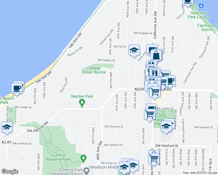map of restaurants, bars, coffee shops, grocery stores, and more near 2362 48th Avenue Southwest in Seattle