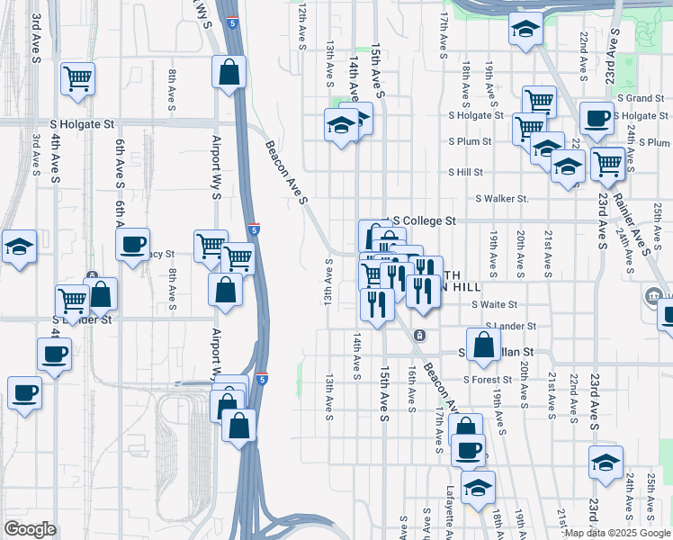 map of restaurants, bars, coffee shops, grocery stores, and more near 2414 13th Avenue South in Seattle