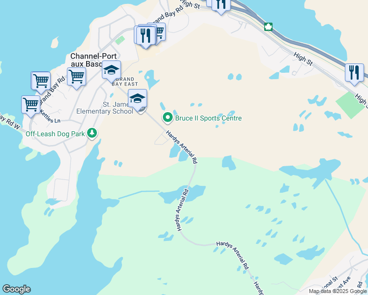 map of restaurants, bars, coffee shops, grocery stores, and more near 175 Hardys Arterial Road in Channel-Port aux Basques