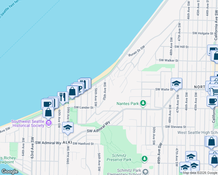 map of restaurants, bars, coffee shops, grocery stores, and more near Wickstrom Place Southwest in Seattle