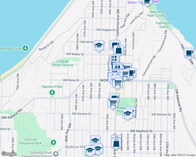 map of restaurants, bars, coffee shops, grocery stores, and more near 2355 45th Avenue Southwest in Seattle