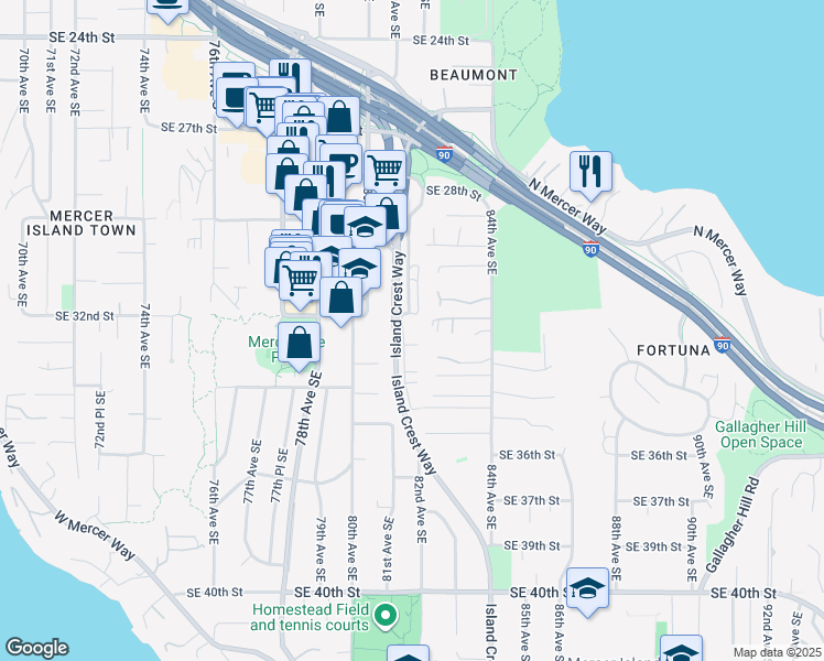 map of restaurants, bars, coffee shops, grocery stores, and more near 3208 81st Place Southeast in Mercer Island