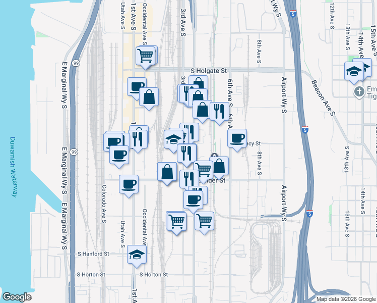 map of restaurants, bars, coffee shops, grocery stores, and more near 2401 4th Avenue South in Seattle