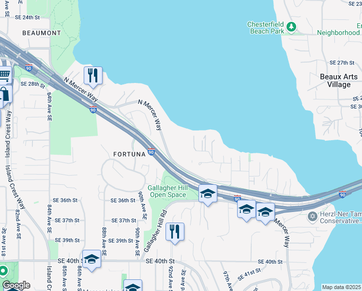 map of restaurants, bars, coffee shops, grocery stores, and more near 9106 Fortuna Drive Southeast in Mercer Island
