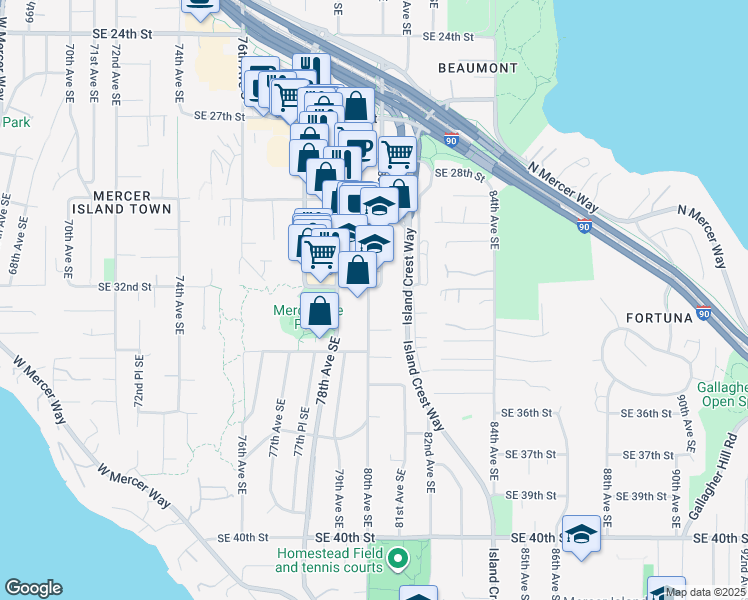 map of restaurants, bars, coffee shops, grocery stores, and more near 3206 80th Avenue Southeast in Mercer Island