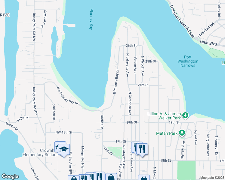 map of restaurants, bars, coffee shops, grocery stores, and more near 2149 East Phinney Bay Drive in Bremerton