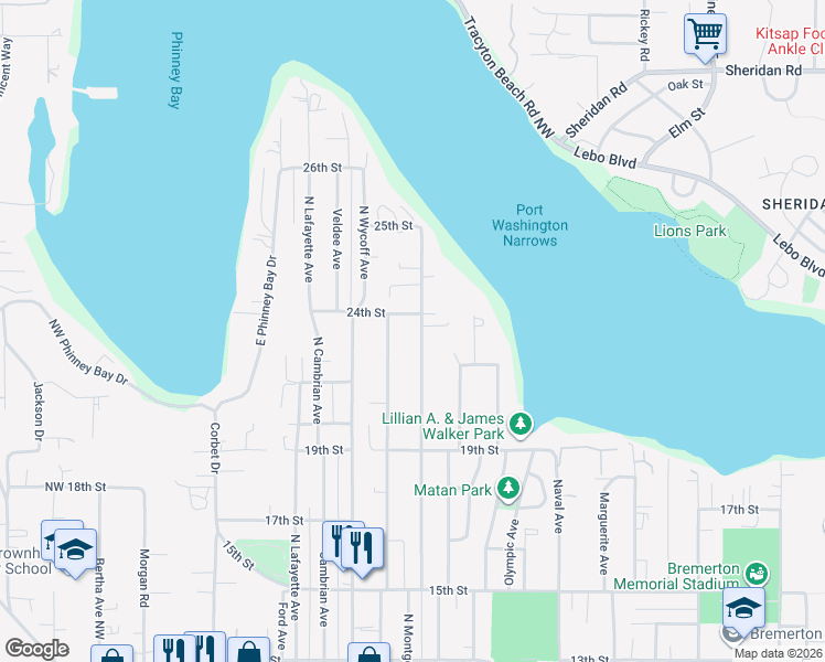 map of restaurants, bars, coffee shops, grocery stores, and more near 2143 Snyder Avenue in Bremerton