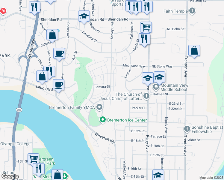 map of restaurants, bars, coffee shops, grocery stores, and more near 2344 Schley Boulevard in Bremerton