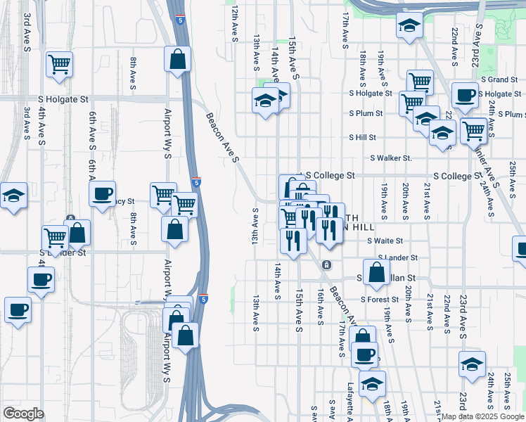 map of restaurants, bars, coffee shops, grocery stores, and more near 2410 13th Avenue South in Seattle