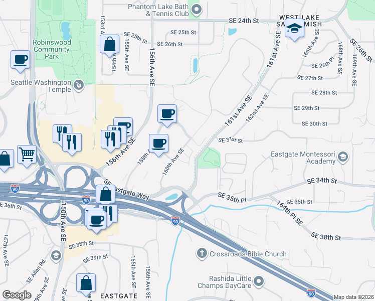 map of restaurants, bars, coffee shops, grocery stores, and more near 16012 Southeast 31st Lane in Bellevue