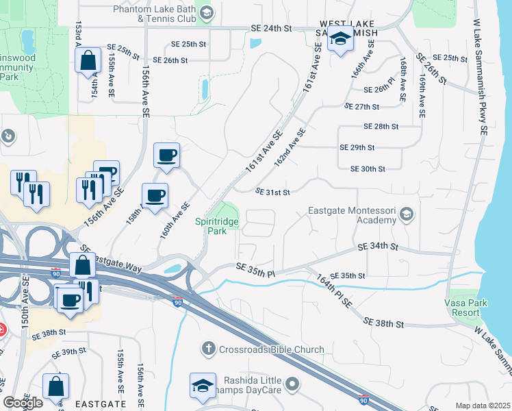 map of restaurants, bars, coffee shops, grocery stores, and more near 16178 Southeast 33rd Circle in Bellevue