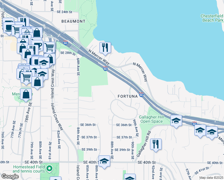 map of restaurants, bars, coffee shops, grocery stores, and more near 3202 W Concord Way in Mercer Island