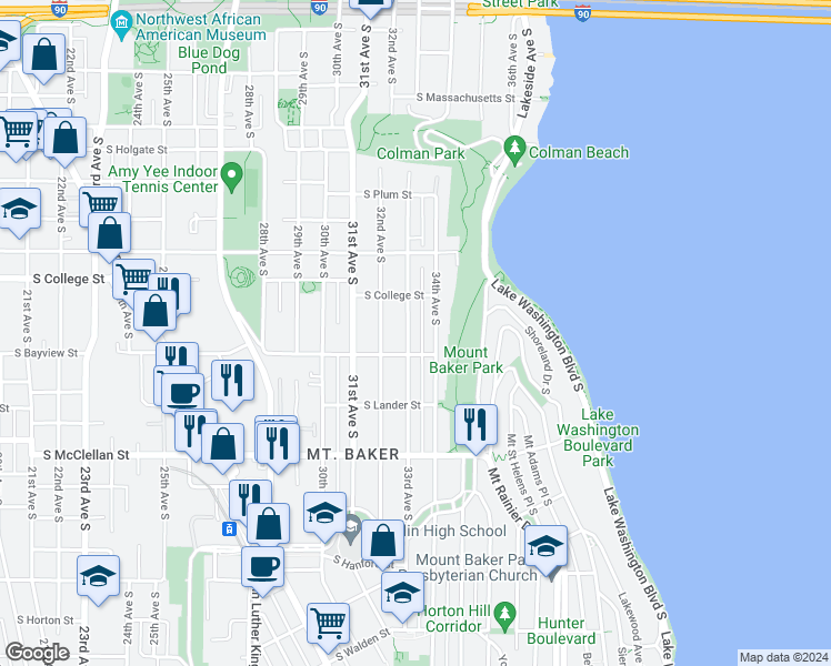 map of restaurants, bars, coffee shops, grocery stores, and more near 2332 33rd Avenue South in Seattle