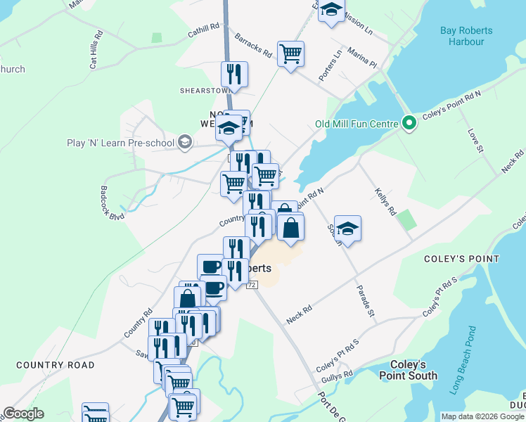 map of restaurants, bars, coffee shops, grocery stores, and more near 162 Conception Bay Highway in Coley's Point South