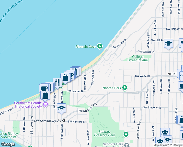 map of restaurants, bars, coffee shops, grocery stores, and more near 2425 55th Avenue Southwest in Seattle