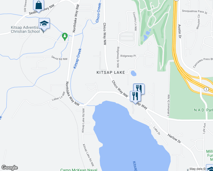 map of restaurants, bars, coffee shops, grocery stores, and more near 1546 Northlake Way Northwest in Bremerton