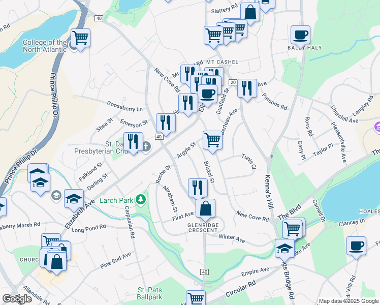 map of restaurants, bars, coffee shops, grocery stores, and more near 13 Argyle Street in St. John's