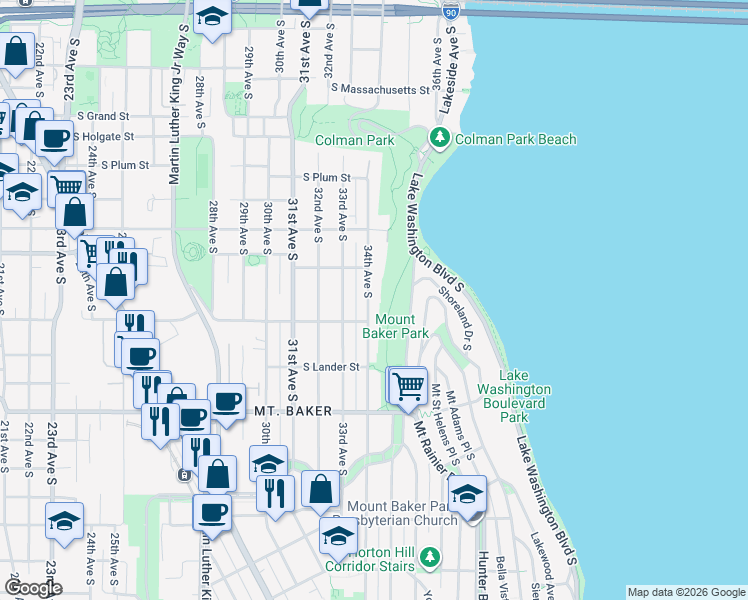 map of restaurants, bars, coffee shops, grocery stores, and more near 2330 34th Avenue South in Seattle
