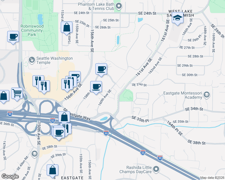 map of restaurants, bars, coffee shops, grocery stores, and more near 3190 160th Ave SE in Bellevue