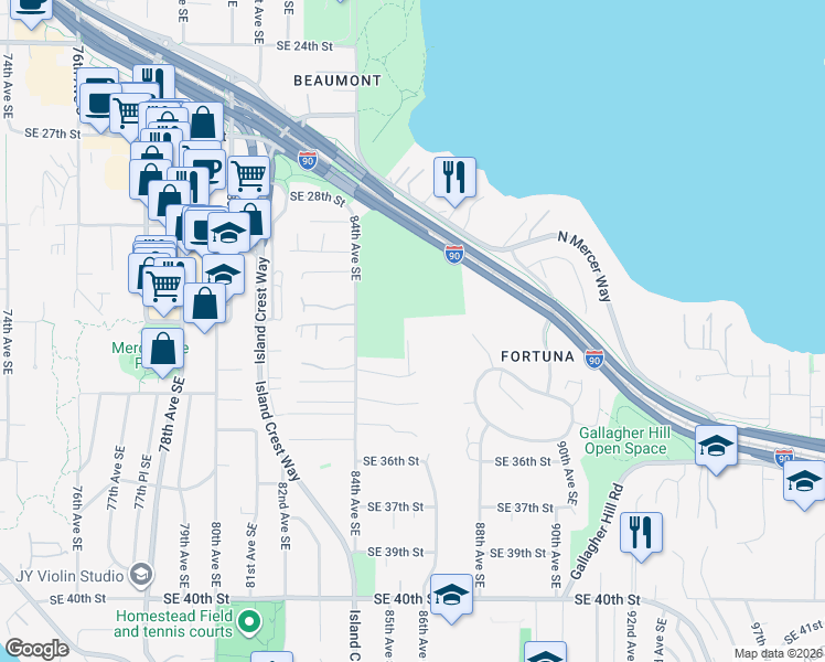 map of restaurants, bars, coffee shops, grocery stores, and more near 8449 Southeast 33rd Place in Mercer Island
