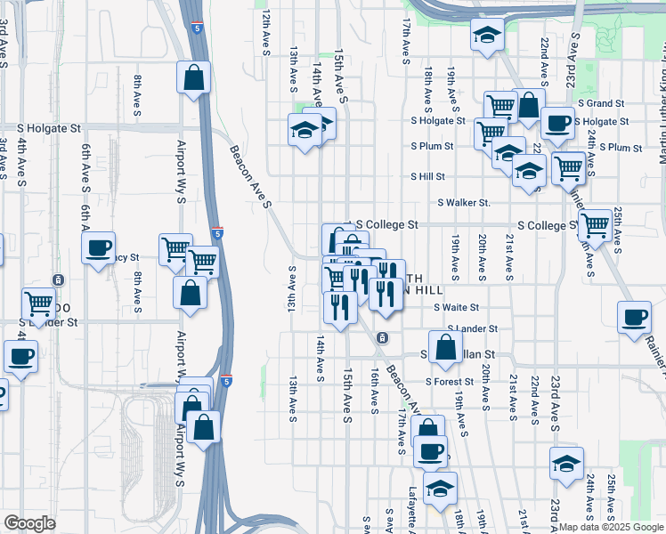 map of restaurants, bars, coffee shops, grocery stores, and more near 2415 Beacon Avenue South in Seattle