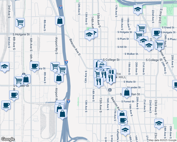 map of restaurants, bars, coffee shops, grocery stores, and more near 2410 13th Avenue South in Seattle