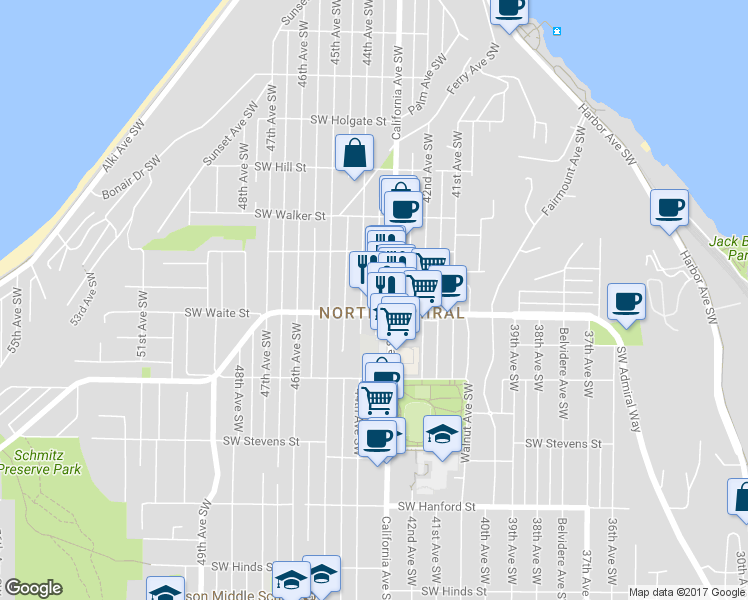 map of restaurants, bars, coffee shops, grocery stores, and more near in Seattle