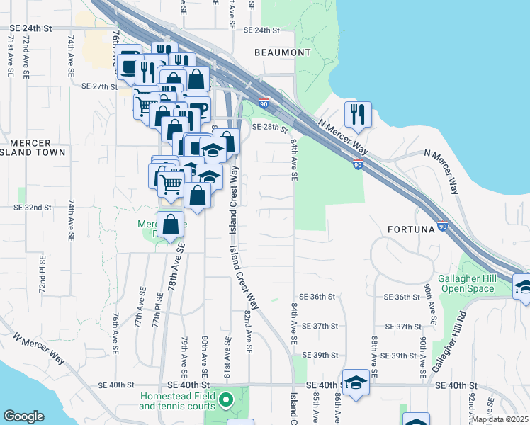 map of restaurants, bars, coffee shops, grocery stores, and more near 3205 84th Avenue Southeast in Mercer Island