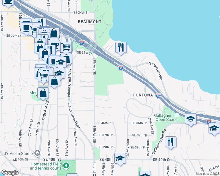 map of restaurants, bars, coffee shops, grocery stores, and more near 8449 Southeast 33rd Place in Mercer Island